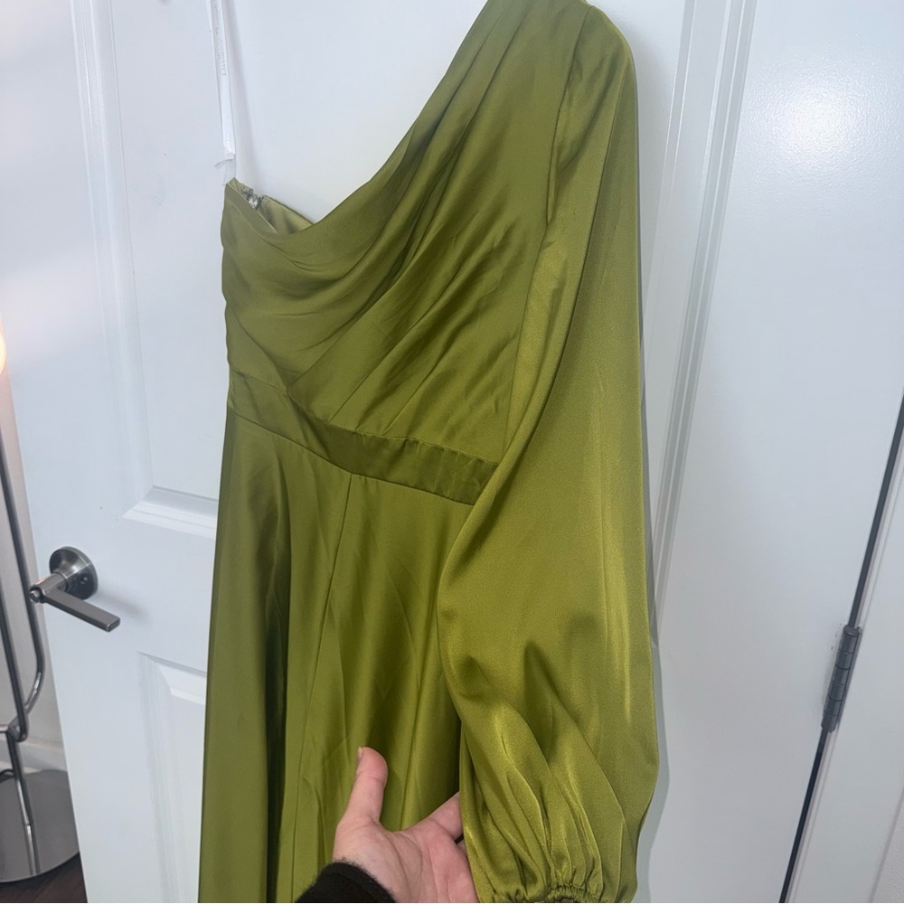 Ieena for Mac Duggal One Shoulder A-Line Long Sleeve High Chartreuse Satin Dress - Picture 12 of 15